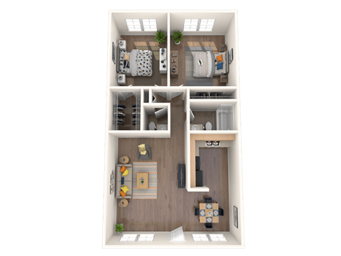 3D floorplan of a two-bedroom, one-and-a-half-bathroom apartment at Coronado Springs Apartments in Palm Springs, Florida.